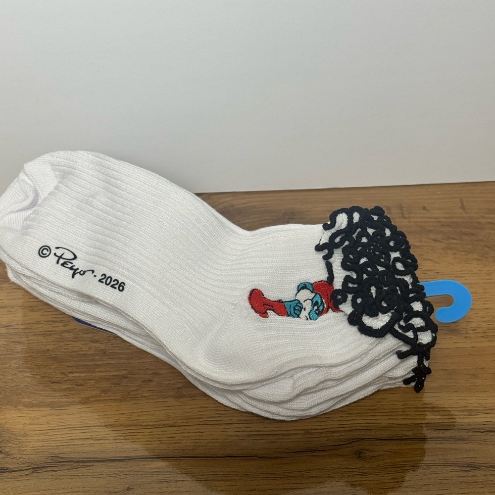 White Smurf Embroidered Crew Socks with Black Lace Trim